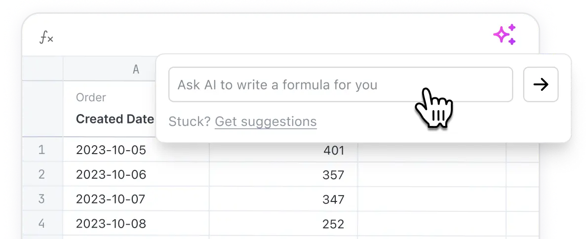 A data table with a menu popover showing an input that can be used to ask AI to write a formula or calculation