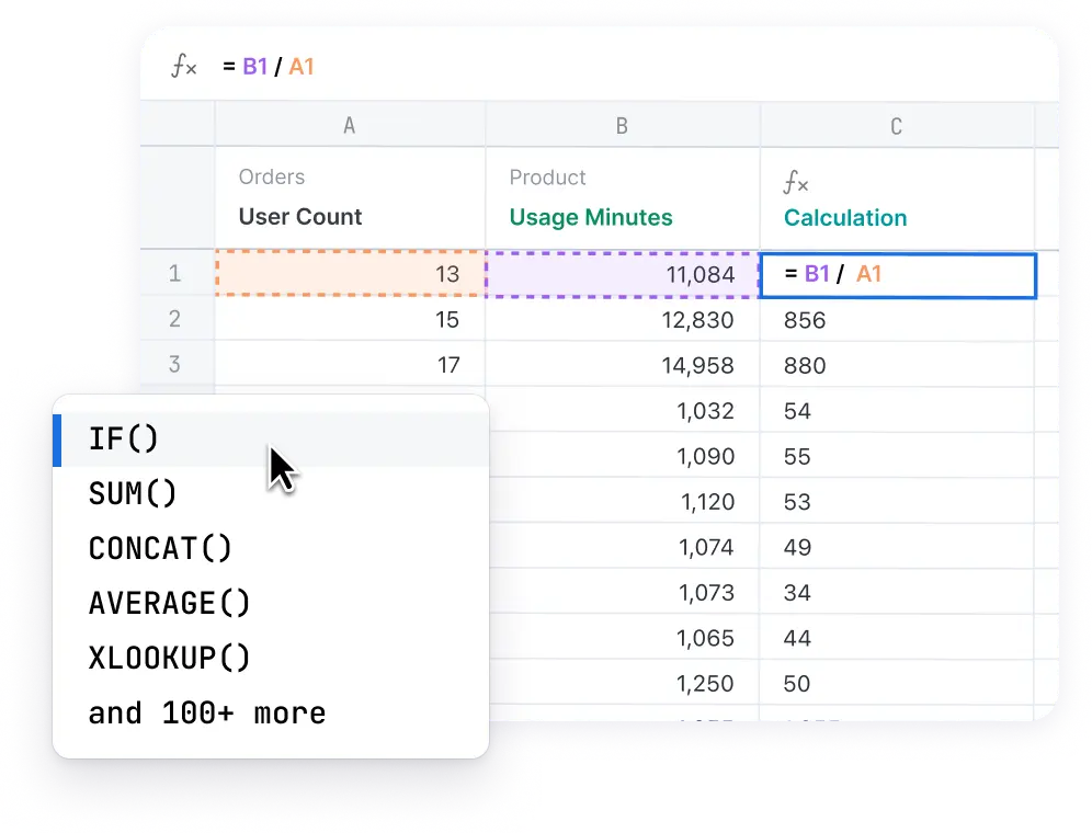 A data table with a menu showing various excel functions